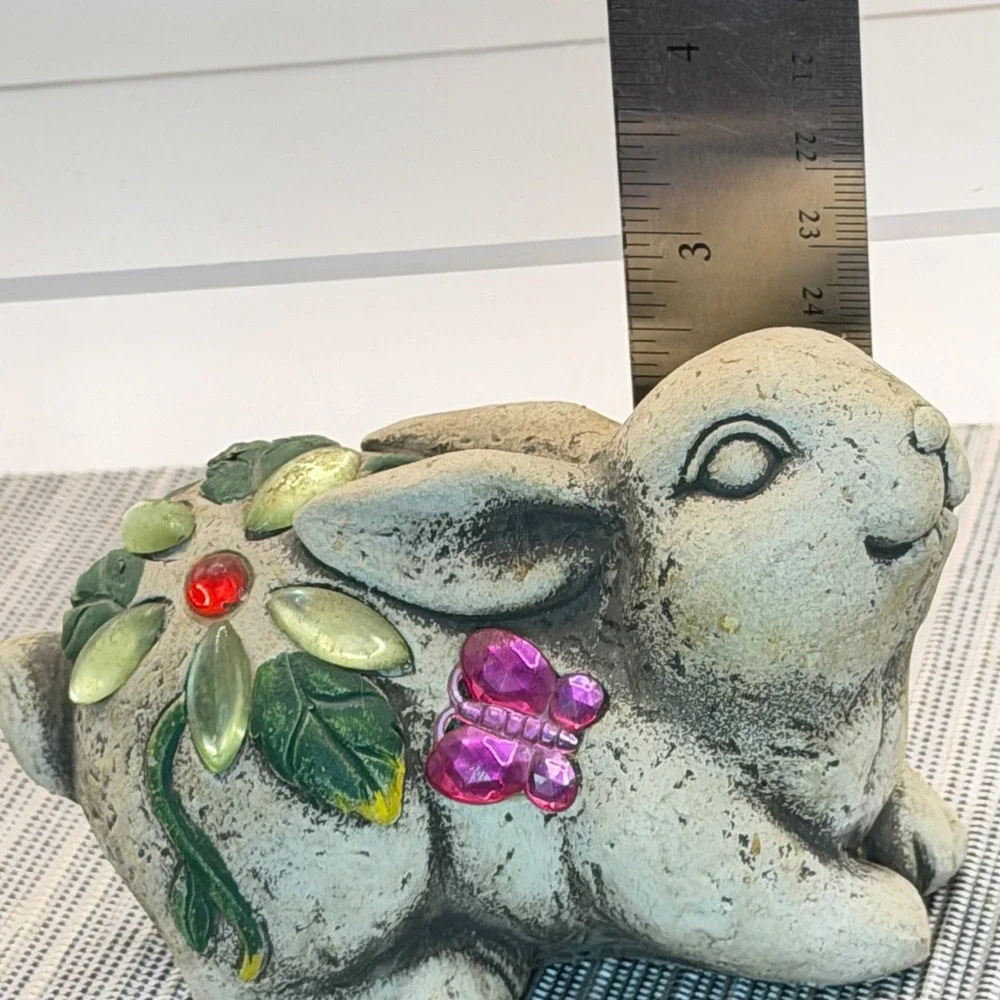 Garden Bunny Rabbit Figurine Stone Look Pink Butterfly Flower Easter Decor 5.5in